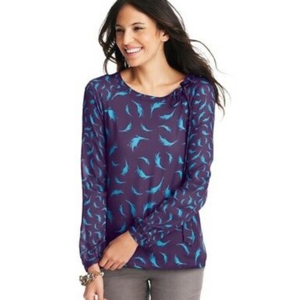 Ann‎ Taylor LOFT Purple Blue Feather Sheer Blouse S